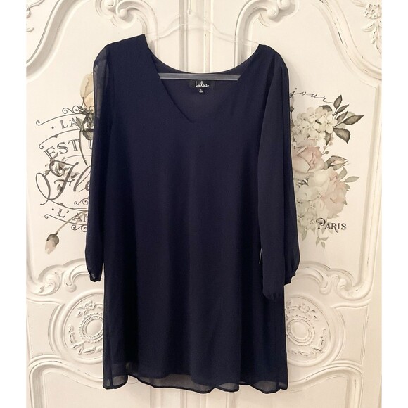 Lulus Shifting Dears Dress Women's L Navy  Split Sleeves V Neck Lined NWT - Picture 4 of 16